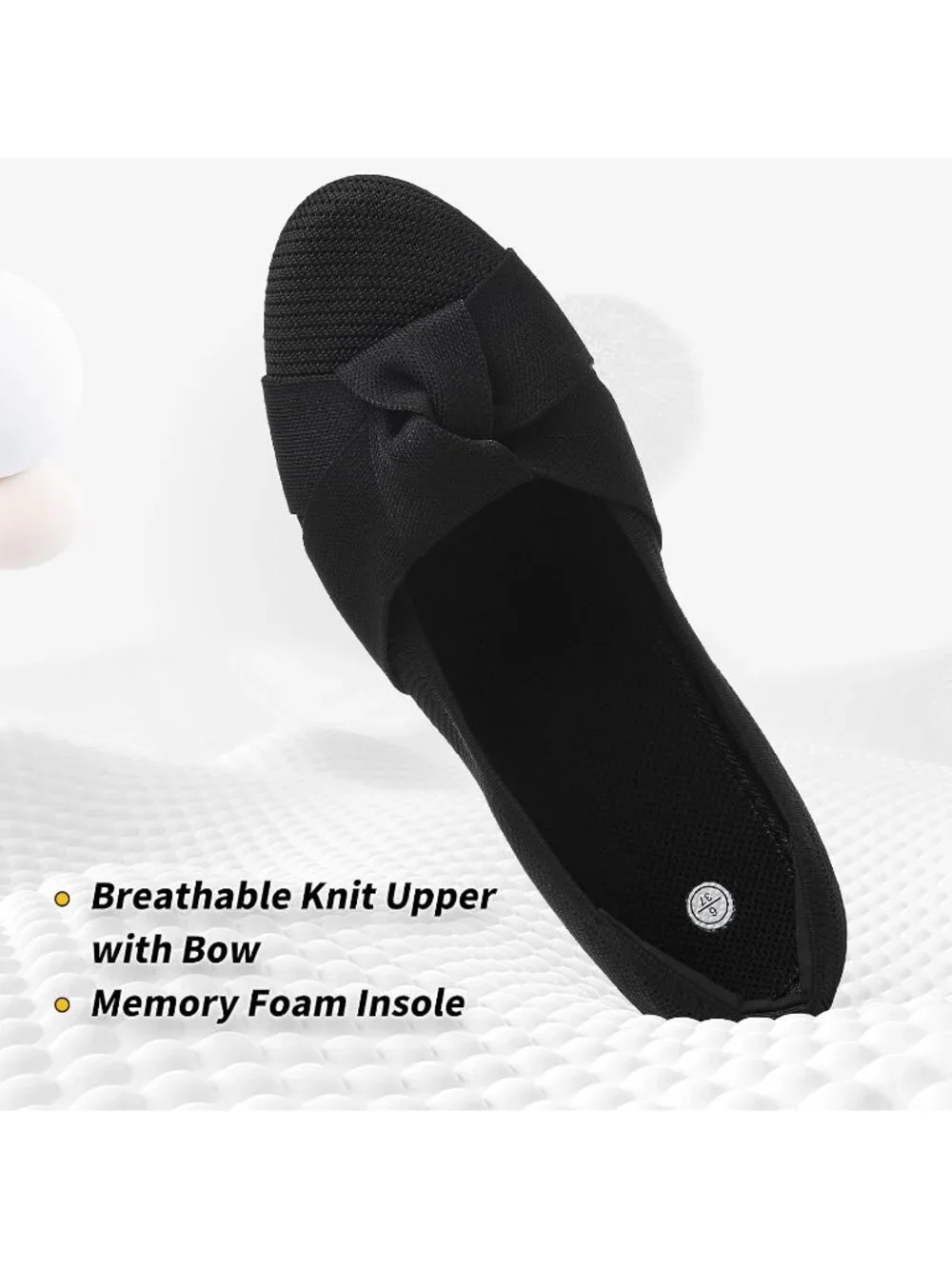 Women’s Black Mesh Bowknot Round Toe Flats Lightweight Breathable Slip-On Shoes